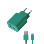 Сетевое зарядное устройство для Apple (lightning) - 2.1A - с 2мя USB выходами - Deppa MFI - Green